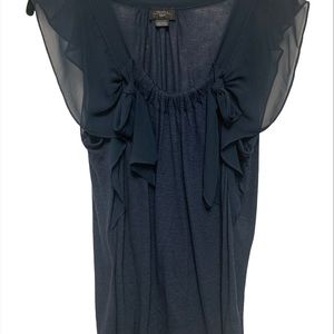 DELETTA by ANTHROPOLOGIE Women’s Navy Blue Top with Sheer Ruffles.